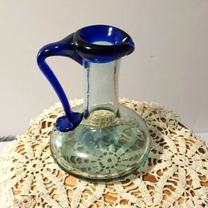 Hand Blown Small Pitcher Clear Mexican Glass With Cobalt Blue Rim  5"tall